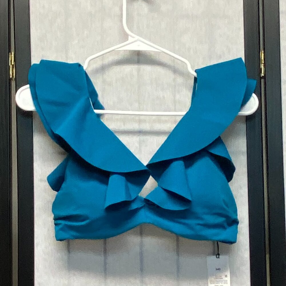 Shade & Shore Double Ruffle V Neck Bikini Swimwear Top NWT Adjustable Teal
